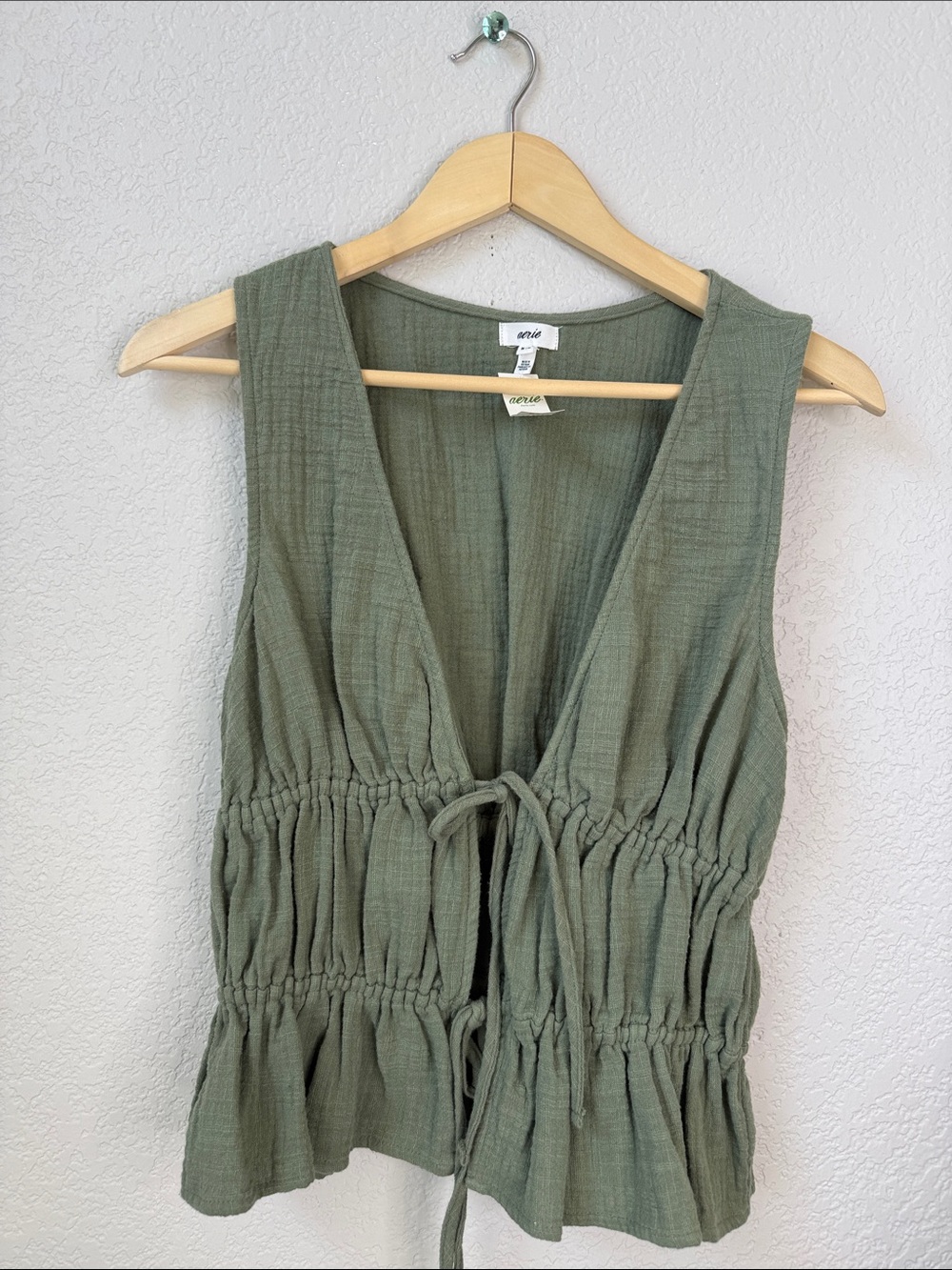 Aerie Sleeveless Drawstring Tank Top Gauze Cotton Cottagecore Olive Green Medium - Picture 3 of 10